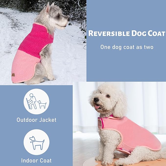 cyeollo Warm Dog Coat Sherpa Dog Winter Coat, Reversible Fleece Dogs Jackets Sweater Vest for Small Dogs Male with Leash Hole, Soft Cold Weather Pet Coats, Rose Red S