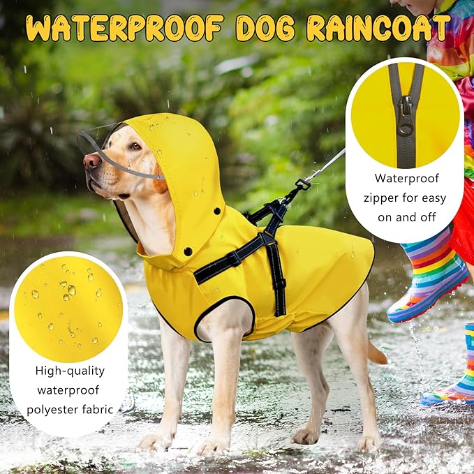 Dog Raincoat: Dog Rain Jacket with Reflective Harness & Removable Hood | Waterproof Dogs Rain Coat Poncho for Large Medium Small Dogs Puppies (Yellow - XXL)