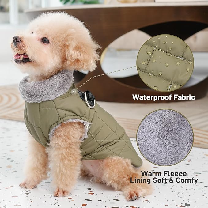 Warm Fleece Dog Coats with Durable Harness Buitl in D-Ring,Waterproof Puppy Jacket for Small Dogs,Dog Vest for Cold Winter,Green XS