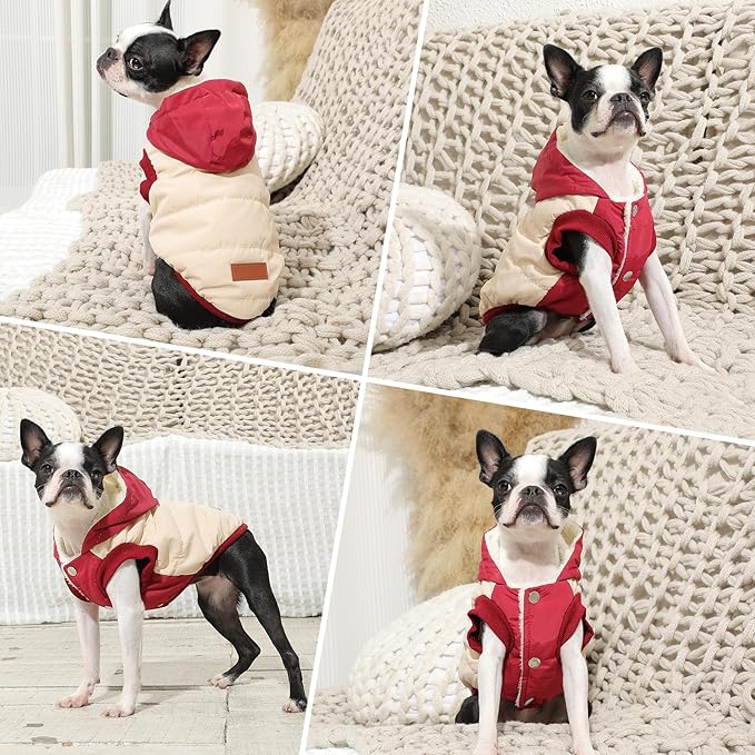 Fleece Lining Extra Warm Dog Hoodie in Winter for Large Dogs Jacket Pet Coats with Hooded,Beige and Red XXL