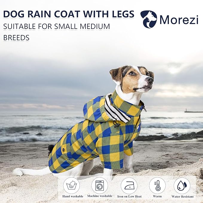 Dog rain Coat Waterproof Raincoat Puppy Jacket with Legs Buttons Zipper Hood Drawstring Fit for Yorkie Terrier Schnauzer Poodle Border Collie Labrador Golden Retriever 8lbs to 80lbs Yellow L