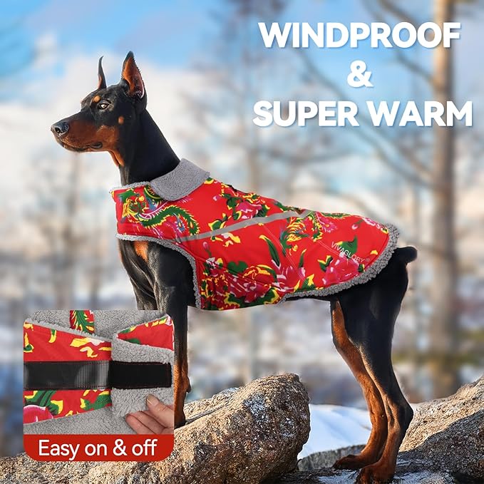 VIVAGLORY Snowrap Dog Coat, Jacket with Harness Hole & Velcro Closure, Dog Coat for Winter & Cold Weather, Fluffy Warm Fleece Lined Reflective Water Resistant for Puppy, XXS, Northeast Florals-Red