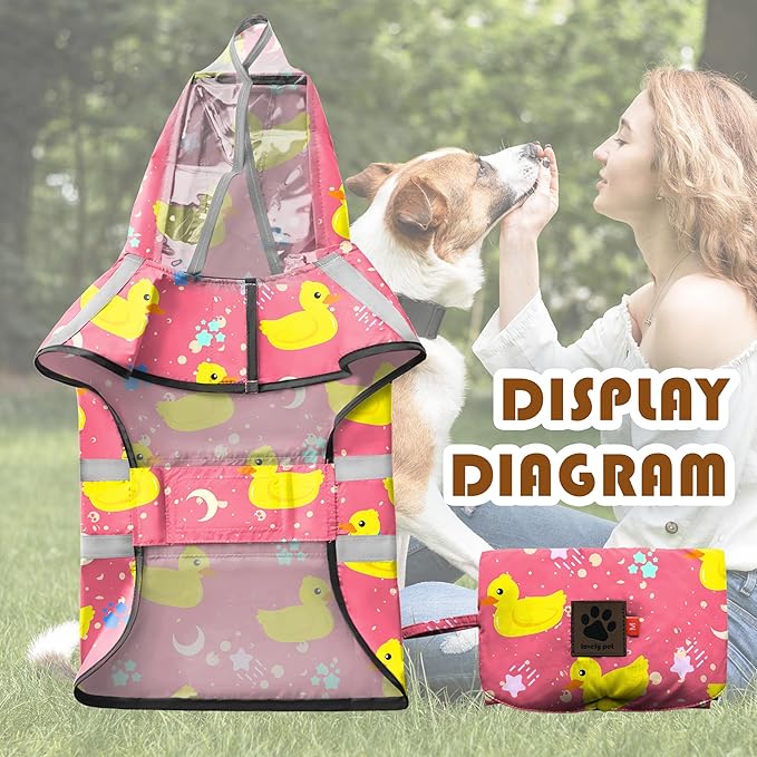 Dog Raincoat, Adjustable Rain Jacket with Hooded Double Layer for Large Medium Small Dogs Puppies, Lightweight Waterproof Rain Coat Poncho with Reflective Stripe Duck Pink,XXL