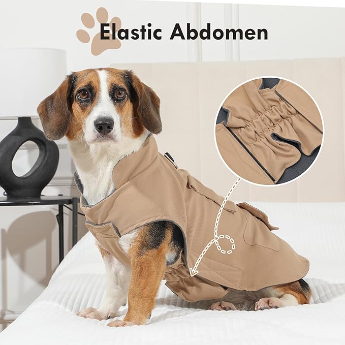 Workwear Style Dog Coats with Harness Built in for Small Dogs Windproof Warm Puppy Jacket with Storage Pockets for Cold Winter,LightBeige XL