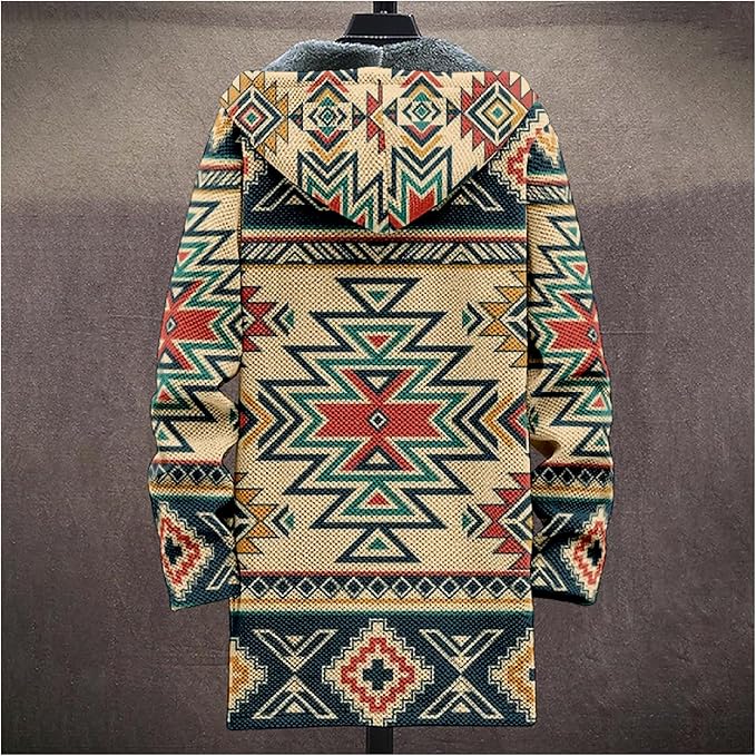 Mens Aztec Print Hoodie Heavyweight Cotton Fleece Jacket Zip Up Warm Long Sleeve Hooded Winter Midi Coat