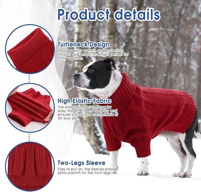 Queenmore XL Dog Sweater,Christmas Dog Sweaters for Extra Large Dogs Girl Boy,Warm Soft Fall Doggy Pullover Clothes,Turtleneck Knitted Pet Winter Apparel for Golden Retriever,Labrador(Red,XL)