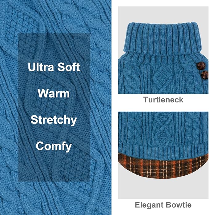 KYEESE Dog Sweater Stretchy Knitwear Cat Clothes Comfy Pet Coat for Fall Winter Cold Weather Warm Turtleneck Small Dogs Sweater with Gingham Patchwork Soft Pullover Dog Sweaters for Small Dogs Male