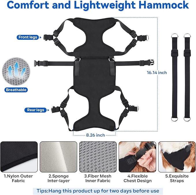 2 in 1 Pet Grooming Hammock with No-Pull Harness, Disassembles into Leash, Adjustable Loop/Leash, Stainless Hooks, Small Size for Cat/Dog