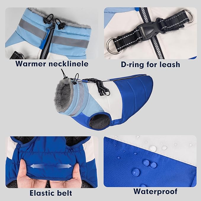 azuza Dog Jacket for Small Dogs Waterproof Dog Coat with Reflective Strips and Harness Built in Warm Fleece Dogs Winter Coat Windproof with Back Zipper, Blue L