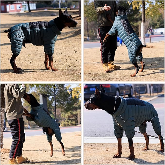 Lovelonglong Dog Coat Dog Warm Jacket, 4 Legs Covered Waterproof Windproof Reflective Warm Dog Vest, Zippered Adjustable Outdoor Dog Snow Jacket for Small Medium Large Dogs ArmyGreen XL