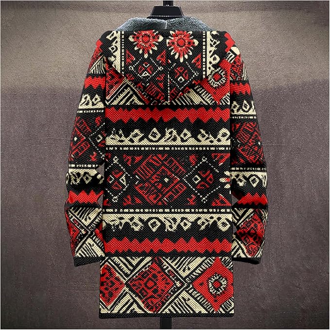 Mens Aztec Print Hoodie Heavyweight Cotton Fleece Jacket Zip Up Warm Long Sleeve Hooded Winter Midi Coat