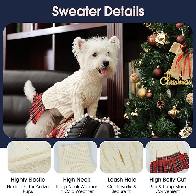 IECOii Big Girl Dog Sweater Dress, Cable Knit Sweater for Extra Large Dogs Girl, Beige,4XL, Cute Dog Warm Dress for Fall Winter, Good Stretcy Fit Knitwear for Giant Breed Dogs Female Indoor & Outdoor