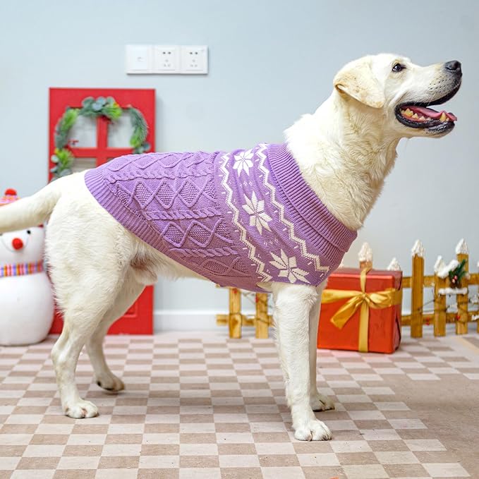 Warm Winter Dog Sweater - Cold Weather Pet Clothes for Small Medium Large Dogs Indoor Outdoor, Soft Classic Knit Puppy Apparel, Purple, L