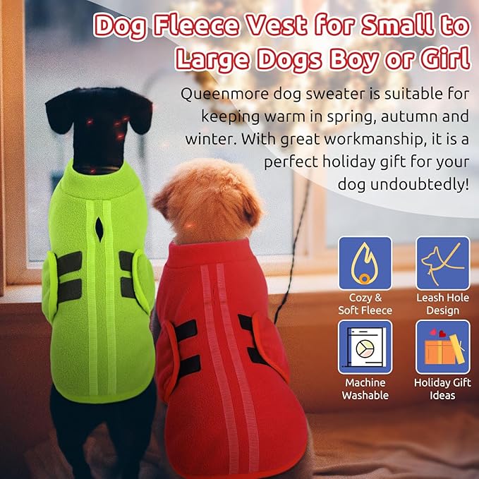 Queenmore Large Dog Sweater, Soft Fleece Vest Pullover Jacket With Leash Hole, Warm Winter Clothes for Cold Weather, Dachshund Sweater for Large Dogs Cats Boy or Girl (Green, L)