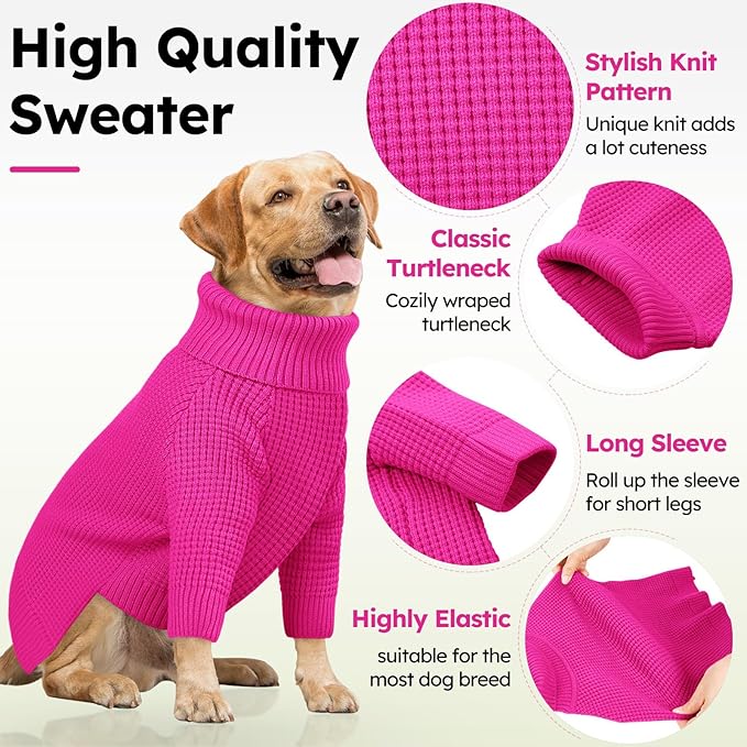 Queenmore Large Dog Sweater, Plaid Dog Sweaters for Large Dogs, Turtleneck Pet KintSweater with Check Pattern, Long Sleeve Holiday Pet Knitwear, Solid, Fuchsia L