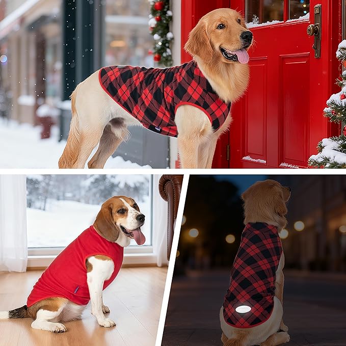 cyeollo 2 Pack Large Dog Sweater, Fleece Vest Pullover Sweatshirt Reflective Lightweight Pet Clothes for Large Dogs Dog Winter Coat Boy & Girl Pet Apparel, Red & Buffalo Plaid XXXL