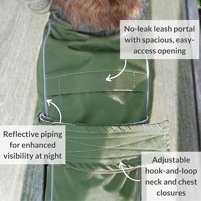 DJANGO Dog Jacket & Raincoat – Lightweight Water-Resistant Coat for Small, Medium & Long Dogs Like Dachshunds – Reflective, Adjustable Fit, Harness-Compatible & Easy-Access Harness Hole - Green, Large