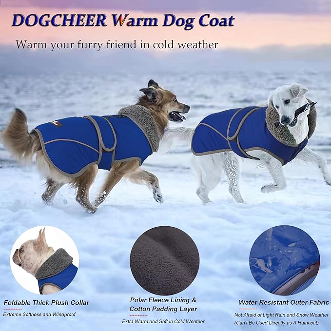 Dogcheer Dog Coat, Waterproof Dog Jacket Reflective Pet Winter Coat with Adjustable Hook & Loop, Christmas Puppy Fleece Jacket Warm Turtleneck Snowsuit for Small Medium Large Dogs - Blue, S