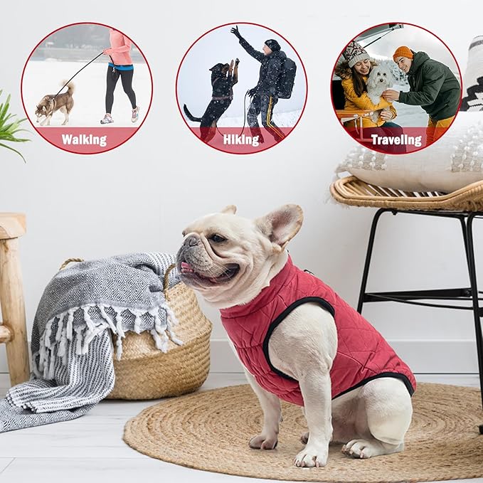 SCENEREAL Winter Dog Vest Coat with Built-in Harness, Warm Puppy Jacket for Small to Medium Dogs, Cold Weather Coat with Zipper, Fleece Puffer Vest, Windproof Snow Clothes