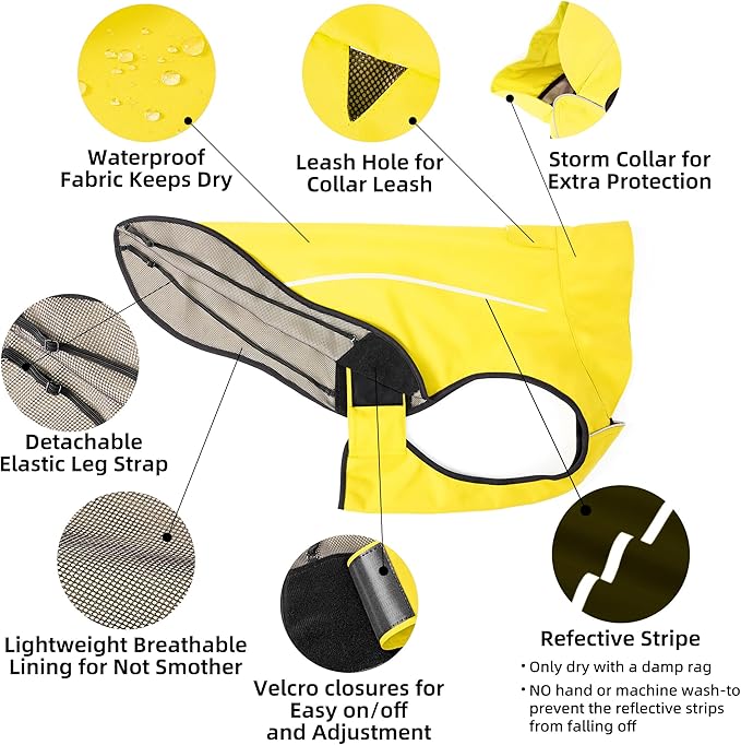 Mile High Life Dog Raincoat, Adjustable Waterproof Reflective Rain Jacket for Small Medium Large Dogs, Lightweight Breathable Pet Rain Coat with Leash Hole(Yellow,L Chest 32-40")
