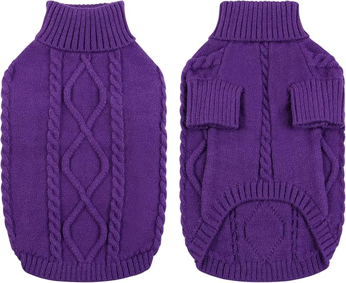 Queenmore Small Dog Pullover Sweater, Cold Weather Cable Knitwear, Classic Turtleneck Thick Warm Clothes for Chihuahua, Bulldog, Dachshund, Pug (Purple, X-Large)