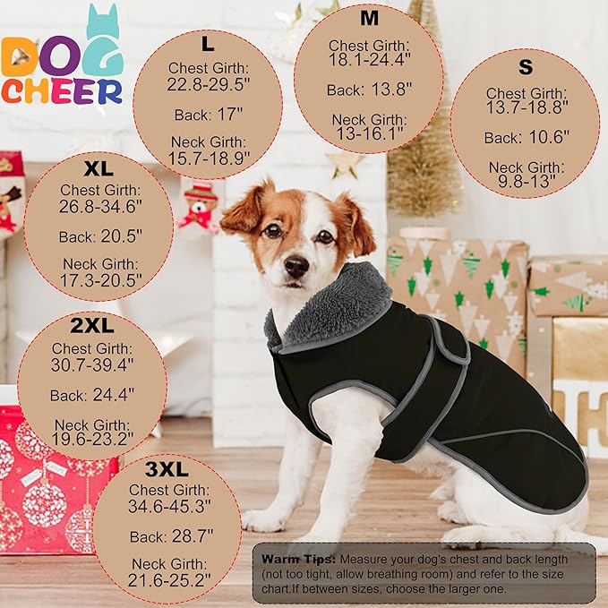 Dogcheer Dog Coat, Waterproof Dog Jacket Reflective Pet Winter Coat with Adjustable Hook & Loop, Christmas Puppy Fleece Jacket Warm Turtleneck Snowsuit for Small Medium Large Dogs - Black, 2XL