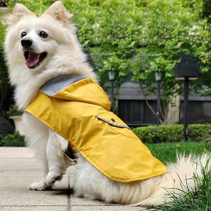Dog Raincoat Dogs Rain Jacket Reflective Poncho Rainwear Waterproof Pet Clothes Warm Lined Pocket Hooded Leash Hole Adjustable Small Medium Dogs,Yellow,XXL,Back Length 16.0 Inch