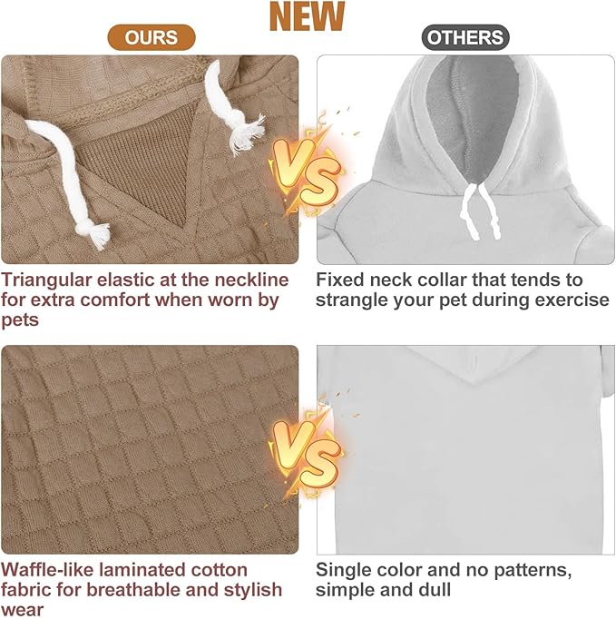 BEAUTYZOO Small Dog Hoodie Sweater with Pockets, Dog Clothes for Small Medium Dogs Boy Girl, Waffle-Like Laminated Cotton Pet Coats with Hat and Leash Hole, Khaki M