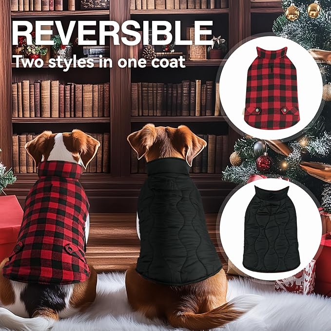VIVAGLORY Softjoy Dog Coat, Dog Jacket for Winter & Christmas, Coat with Harness Hole & Velcro Closure, Reversible Plaid Checkered Warm Fluffy Heavy Duty for Puppy, XL, Red Black