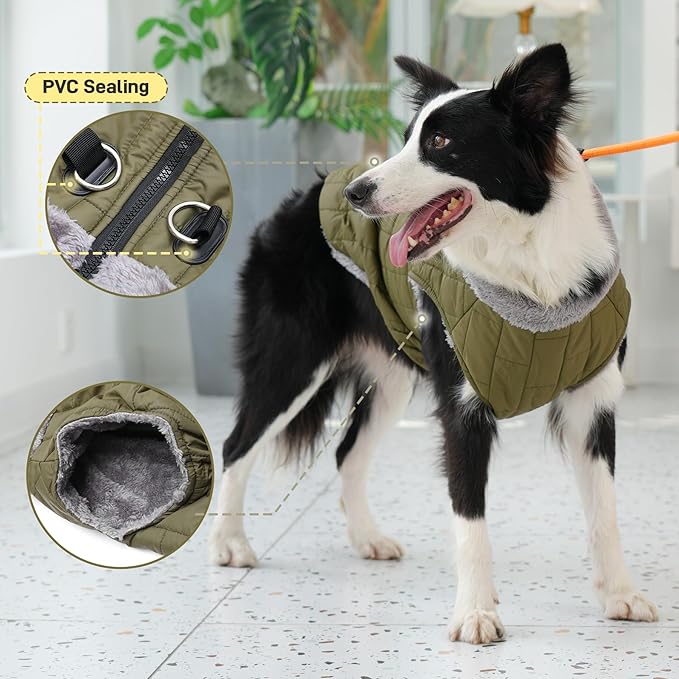 Warm Fleece Dog Coats with Durable Harness Buitl in D-Ring,Waterproof Doggie Jacket for Medium Dogs,Dog Vest for Cold Winter,Green L