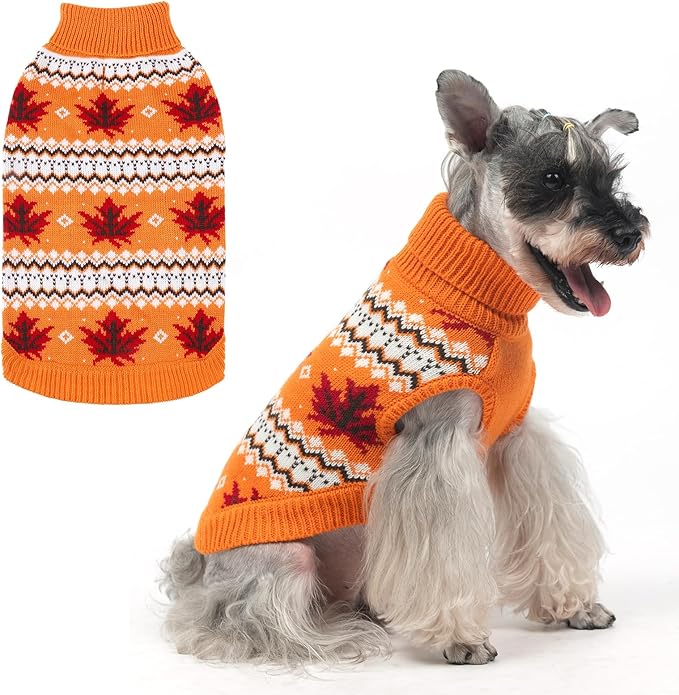 KOOLTAIL Cable Knit Dog Sweater Turtleneck, Cold Weather Pullover Classic Knitwear, Thick Warm Winter Pet Clothes, Fall Maple Leaves Thanksgiving Dog Sweater for Small Medium Large Dogs Cats,Orange ML