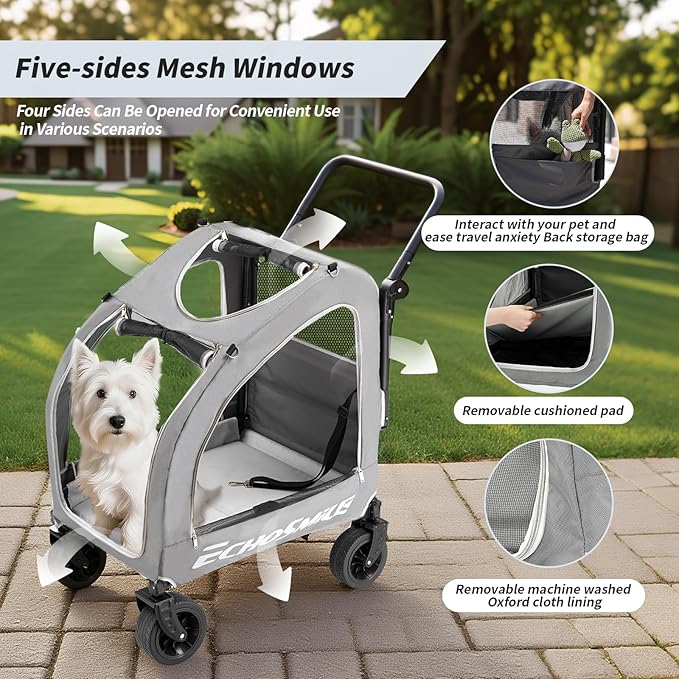 EchoSmile 4 Wheels Pet Stroller, Foldable Dog & Cat Stroller for All-Season, Lightweight Carrier with Storage Basket, Adjustable Handle, Removable Pad, Breathable Mesh, Up to 135 lbs, Grey