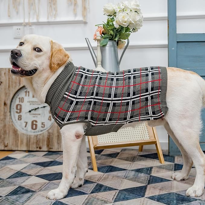 PUPTECK Dog Sweaters for Large Medium Small Dogs - Fall Classic Plaid Style Puppy Holiday Winter Coat Clothes Warm, Grey, S