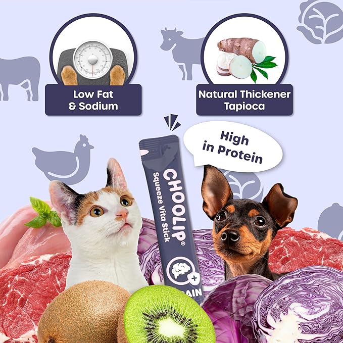 Choolip Squeeze Vita Stick Lickable Cat Treats & Dog Puree – 7-Count Brain Support Tubes, Creamy Grain-Free High-Protein Puree with DHA, Omega 3 & Vitamin B12 for Memory & Cognitive Health
