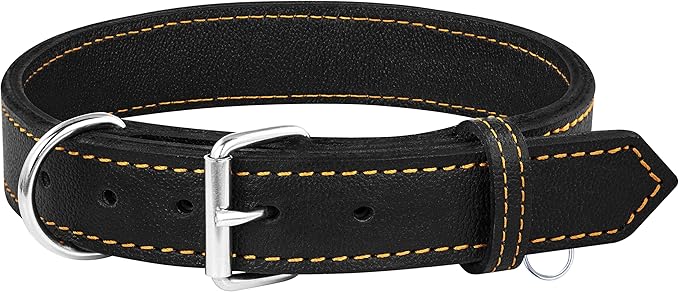 Riparo Dog Collar - Genuine Leather Dog Collars - Heavy Duty Dog Collars for Medium Large and Extra Large Dog Breeds (XL: 1.5” Wide for 22” - 26” Neck, Black/Orange Thread)