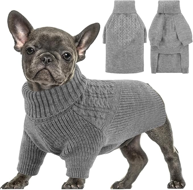 Queenmore Dog Sweater for Small Dogs, Ugly Christmas Pet Sweater, Cozy Knitted Dog Sweatshirt for Boy/Girl Puppy, Thermal Turtleneck Thick Jacket for Small Medium Large Canine - Grey, Size S