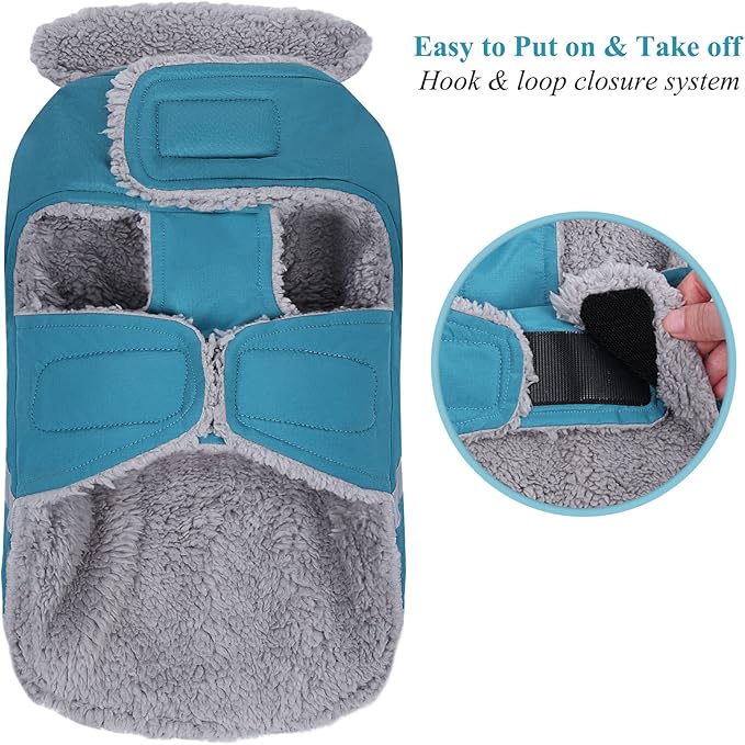 VIVAGLORY Frostfit Dog Coat, Dog Jacket for Winter & Cold Weather, Warm Fluffy Fleece Lined Water Resistant Reflective for Puppy, Coat with Velcro Fastening & Leash Hole, L, Turquoise