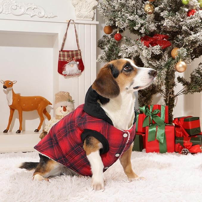 Fleece Lining Dog Hoodie for Small Dogs Extra Warm Plaid Sweater with Drawstring Hooded Coats in Winter Puppy Jacket,Red XS