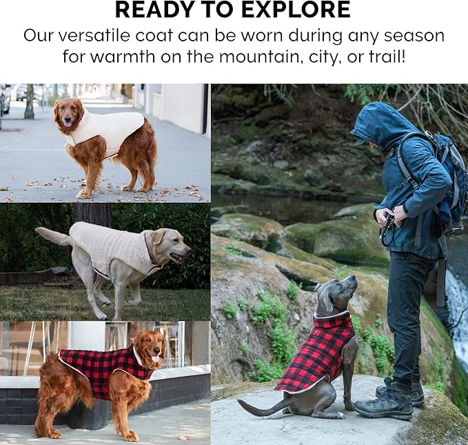 Furhaven Reversible XL Dog Coat, Washable & Insulating w/ Leash Access - Sherpa & Plaid Fleece Flex-Fit Jacket - Cream/Red, Extra Large