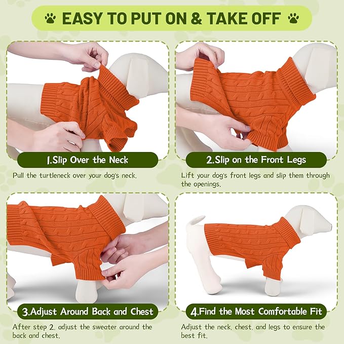 Small Dog Thermal Pullover Sweater, Classic Turtleneck Cable Knitwear Dog Clothes for Cold Weather Warm Pet Clothes for Chihuahua, Bulldog, Dachshund, Pug Orange Large