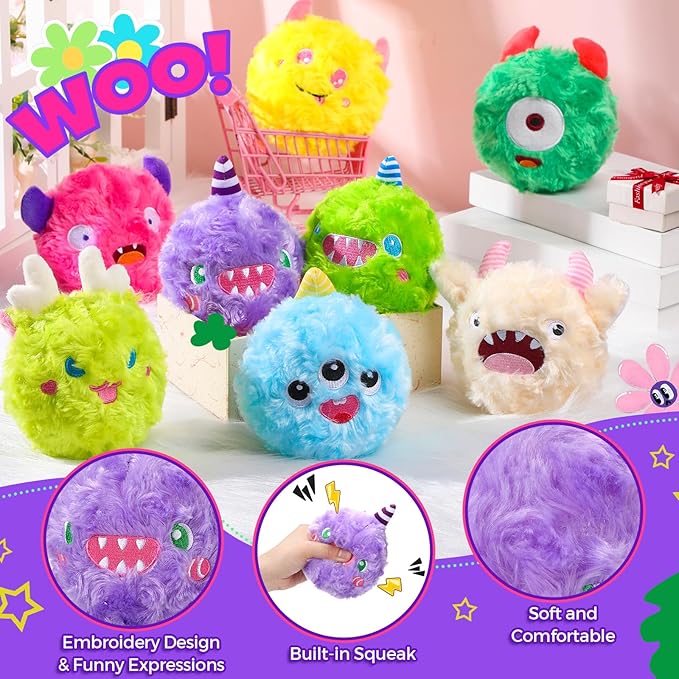 HyDren 8 Pack Soft Squeaky Dog Ball Toys 2 In1 Fuzzy 4" Dog Balls with Squeakers Plush Funny Puppy Ball Bulk Small Dog Valentine Toys Monster Dog Chewers for Small Medium Puppy Dog Pet (Cute)
