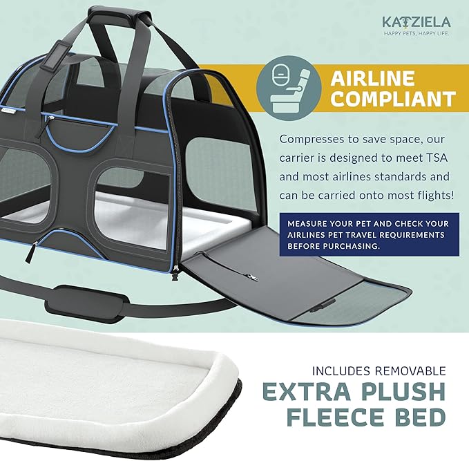 Katziela Pet Carrier - Airline Approved Dog Carrier - TSA Approved Pet Carrier for Small Dogs and Cats - Soft FAA Travel Airplane Dog Carrier Luggage (Black/Blue)
