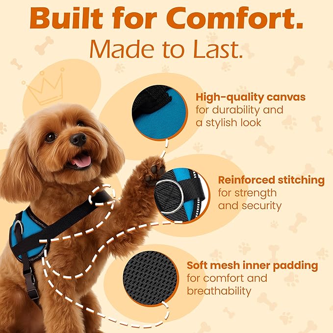Bark Appeal Aqua Blue No-Pull Dog Harness for Small to Medium Sized Pets – Adjustable, Reflective Vest with 3 Leash Clips for Added Control, Easy Walks & Training – Medium