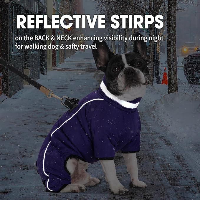 Four Legged Dog Winter Coat for Small Dogs, Warm Puppy Onesie Clothes Christmas, Reflective Turtleneck Dog Jacket with Buckles & D-Rings, Puffer Cold Weather Coat Zipper
