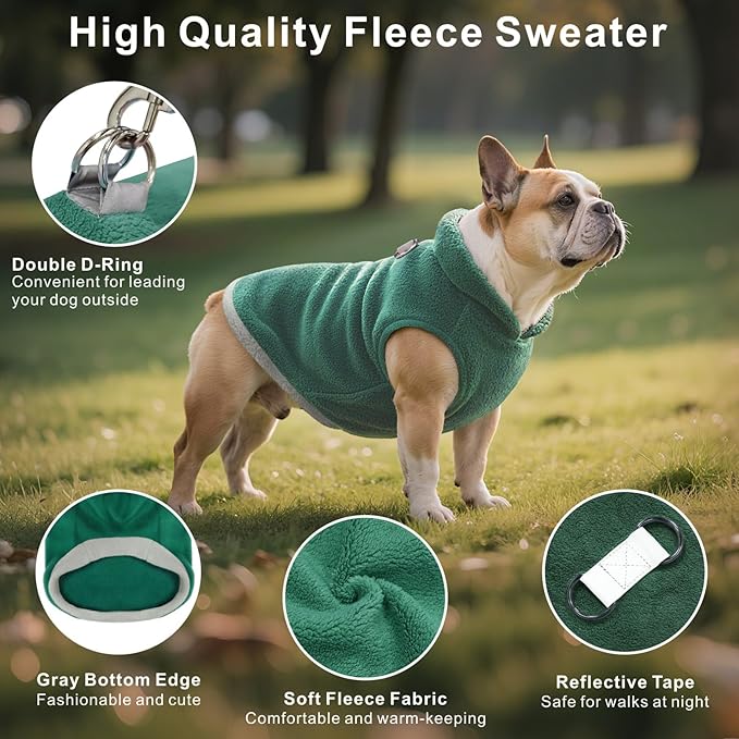 Idepet 2 Pack Dog Fleece Vest Sweater Warm Pullover Jacket with D-Ring Leash Reflective Winter Coat Hoodie for Bulldog Pug Chihuahuas Yorkies Dachshunds(Dark Green&Grass Green,XX-Large-French Bulldog)