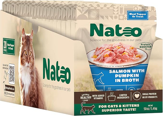 NATOO Cat Food Topper for Picky Eaters & Healthy Soft Cat Treat (Salmon & Pumpkin), Wet Food with Gravy, High Protein & Limited Ingredient, 2.4 oz (Case of 20)