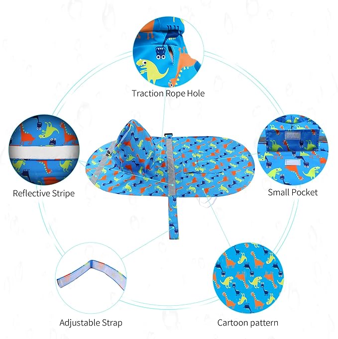 NACOCO Large Dog Raincoat Adjustable - Pet Dinosaurs Water Proof Clothes Lightweight Rain Jacket Poncho Hoodies with Strip Reflective Blue (M, Blue Dinosaur)