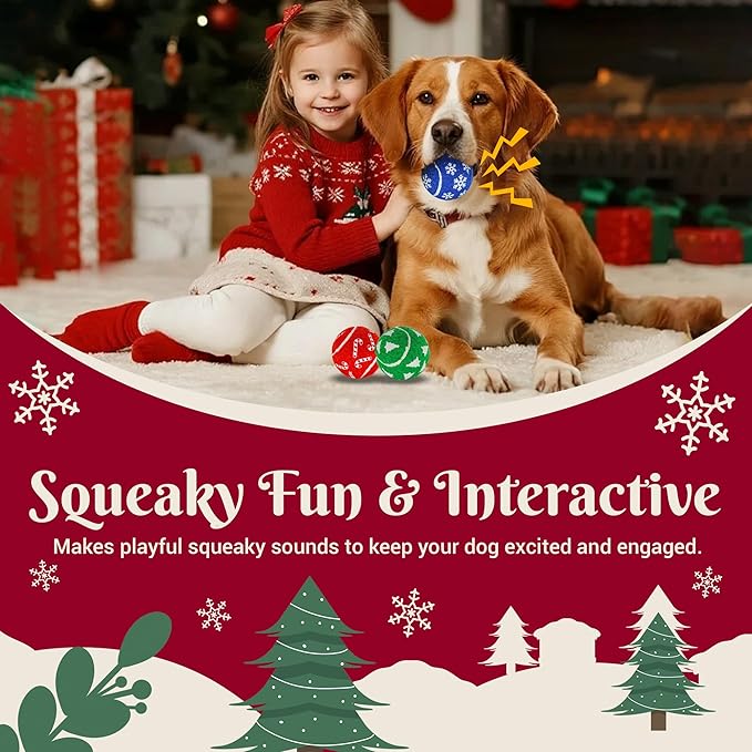 Christmas Dog Balls Toys, 6 Pack 2.5'' Squeaky Tennis Balls for Dogs | Idea Gift for Puppy Birthday & Christmas Decoration & Stocking Stuffers, Small Medium Large Breeds
