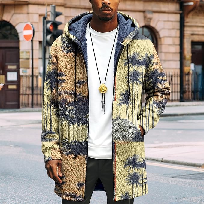 LIZALIG Long Hooded Cardigan Men Japanese Art Style Fashion Cool Graphic Coats Winter Warm Lined Fleece Jacket