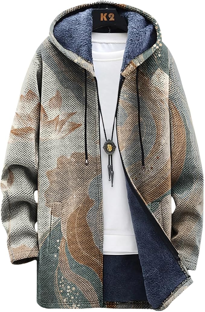 Mens Long Cardigan Hoodies Full Zip Fleece Lined Jackets Fashion Knitted Color Block Hooded Coat with Pockets